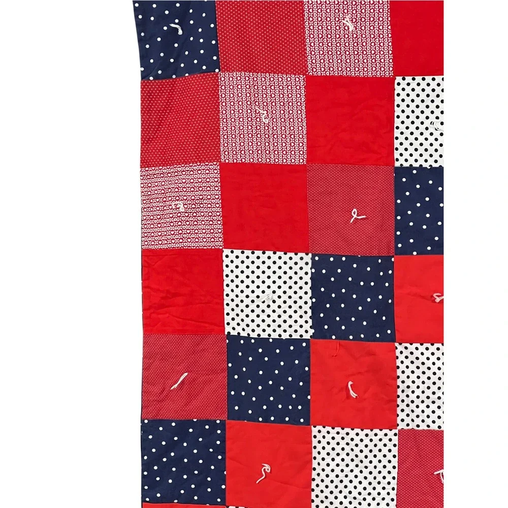 Handmade Reversible Red White Navy Patchwork Twin Quilt 52x82